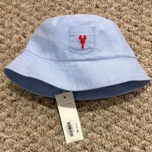 Janie and Jack Light Blue Kids Bucket Hat with Red Lobster Embroidery